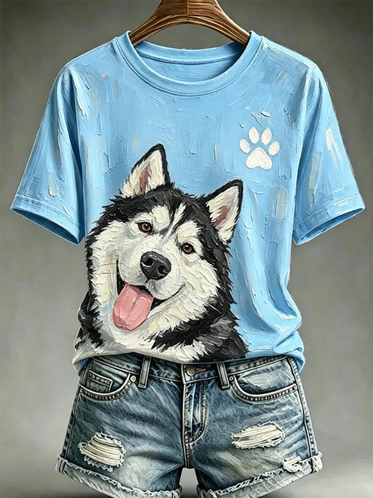 Kvinders hunde-oliebilledstil printet afslappet t-shirt