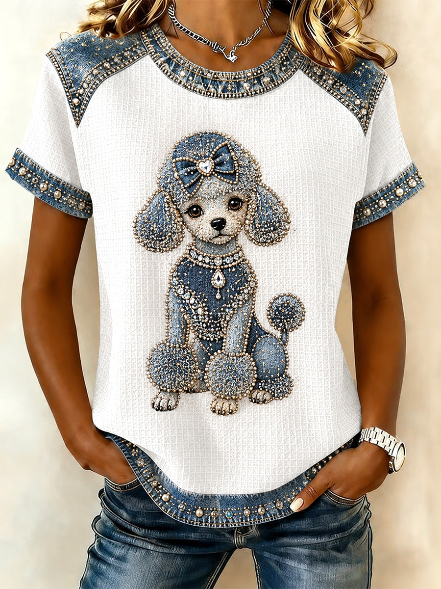 Damejeans lappeteknik hundeprint vafler afslappet t-shirt