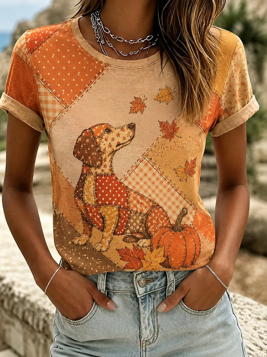 Kvinders fald Patchwork Print Casual T-shirt