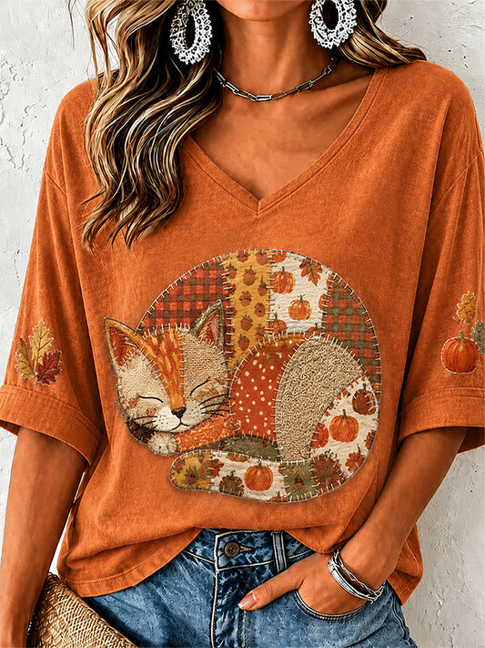 Kvinders efterårsstil, patchwork-print, casual T-shirt med V-udskæring