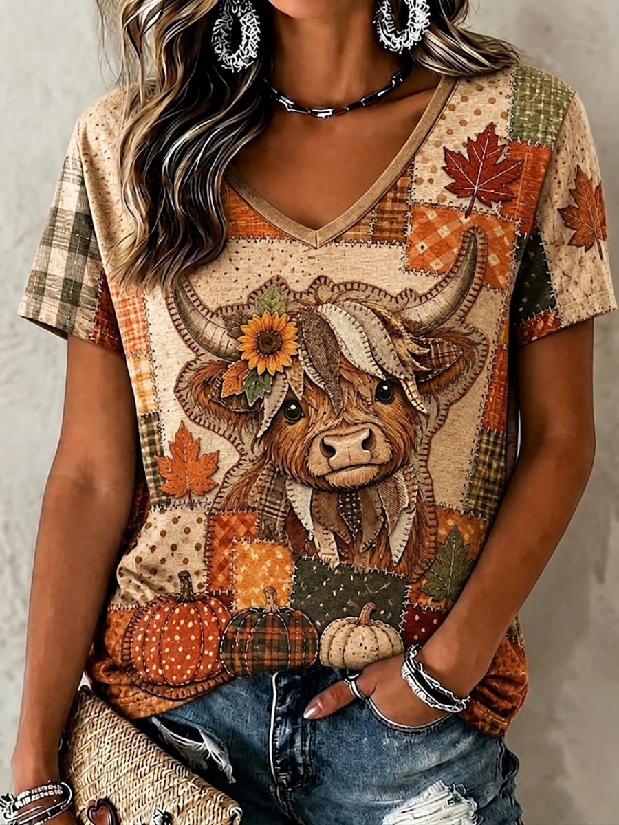 Kvinders efterårsstil, patchwork-print, casual T-shirt med V-udskæring