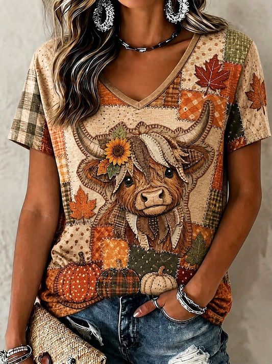 Kvinders efterårsstil, patchwork-print, casual T-shirt med V-udskæring