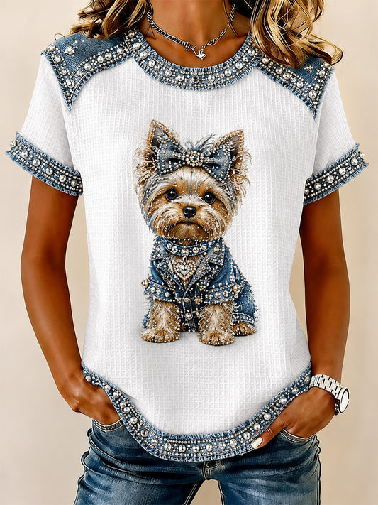 Kvinders Denim Patchwork hund Print Vaffel Casual Tee