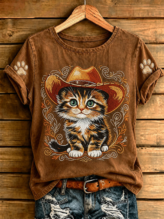 Kvinder Retro Western Cowboy kat korte ærme T-shirte