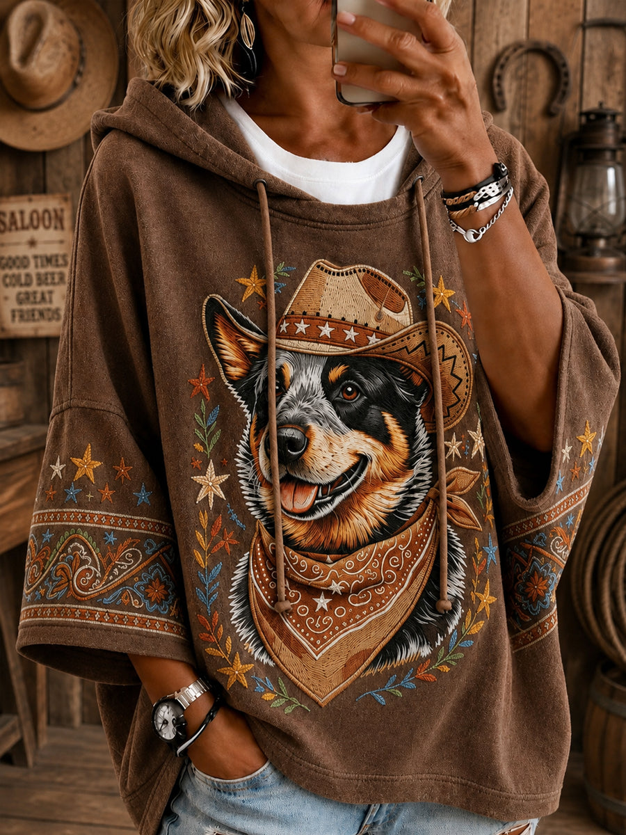 Kvinders retro western cowboy hund casual løs hættetrøje