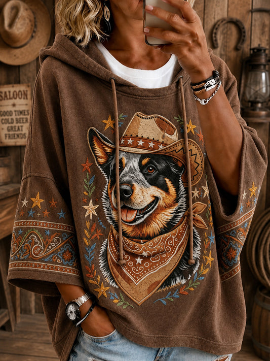Kvinders retro western cowboy hund casual løs hættetrøje