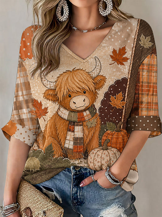 Kvinders efterårsstil, patchwork-print, casual T-shirt med V-udskæring