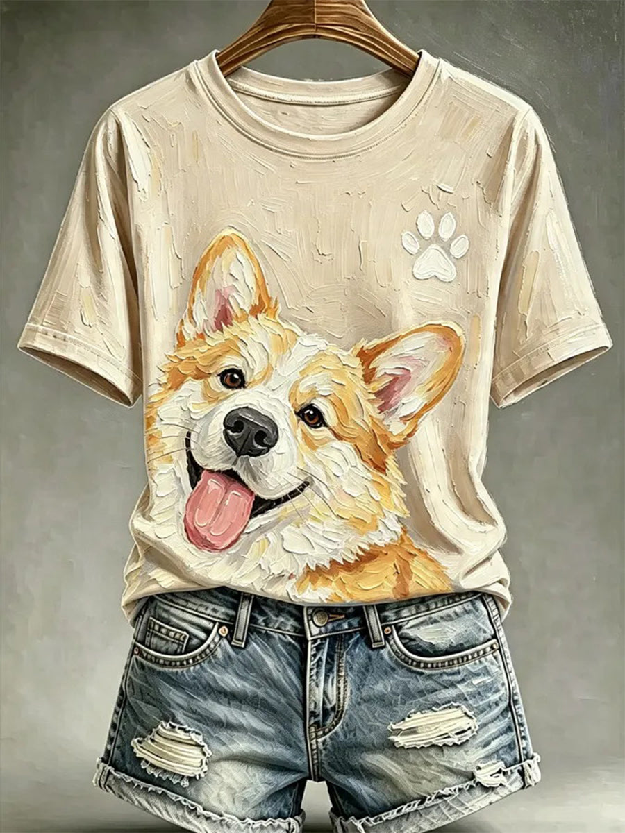 Kvinders hunde-oliebilledstil printet afslappet t-shirt