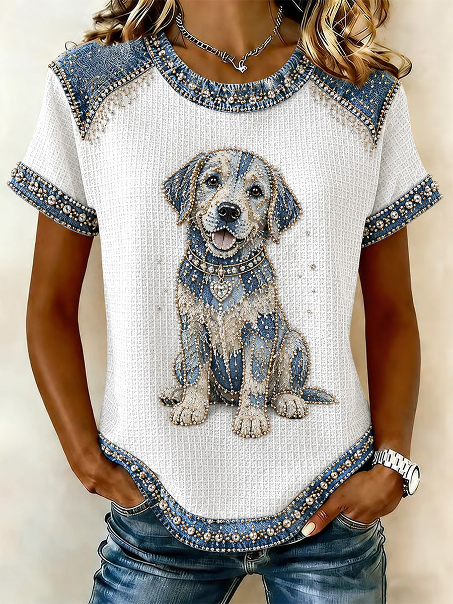 Damejeans lappeteknik hundeprint vafler afslappet t-shirt