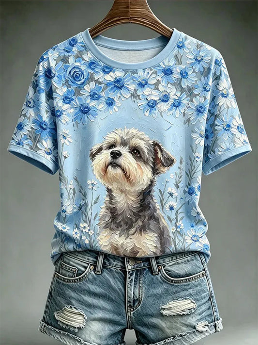 Kvinders hunde-oliebilledstil printet afslappet t-shirt