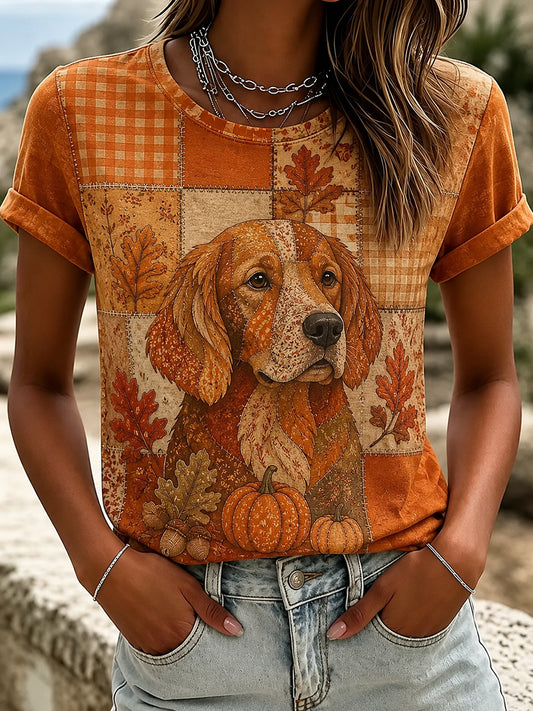 Kvinders efterårs-casual-t-shirt med patchworkmønster og print