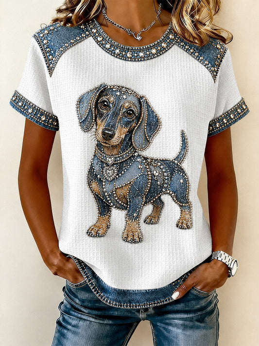 Damejeans lappeteknik hundeprint vafler afslappet t-shirt