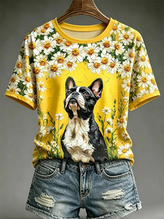 Kvinders hunde-oliebilledstil printet afslappet t-shirt