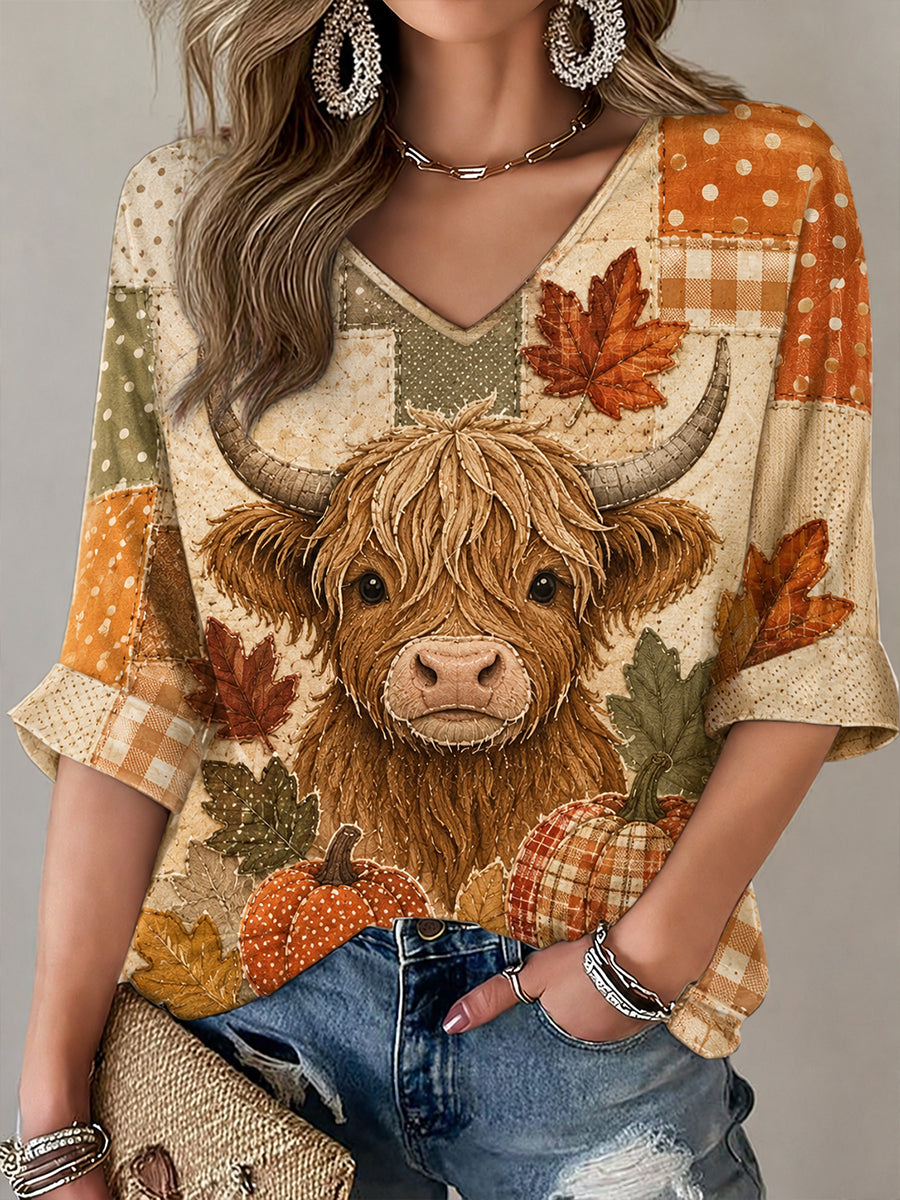 Kvinders efterårsstil, patchwork-print, casual T-shirt med V-udskæring