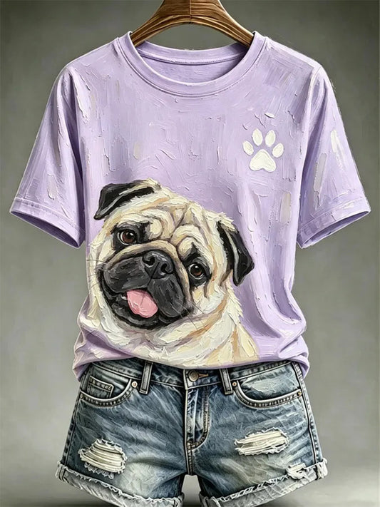 Damers hund Oliemaleri stil Printed Casual T-shirt