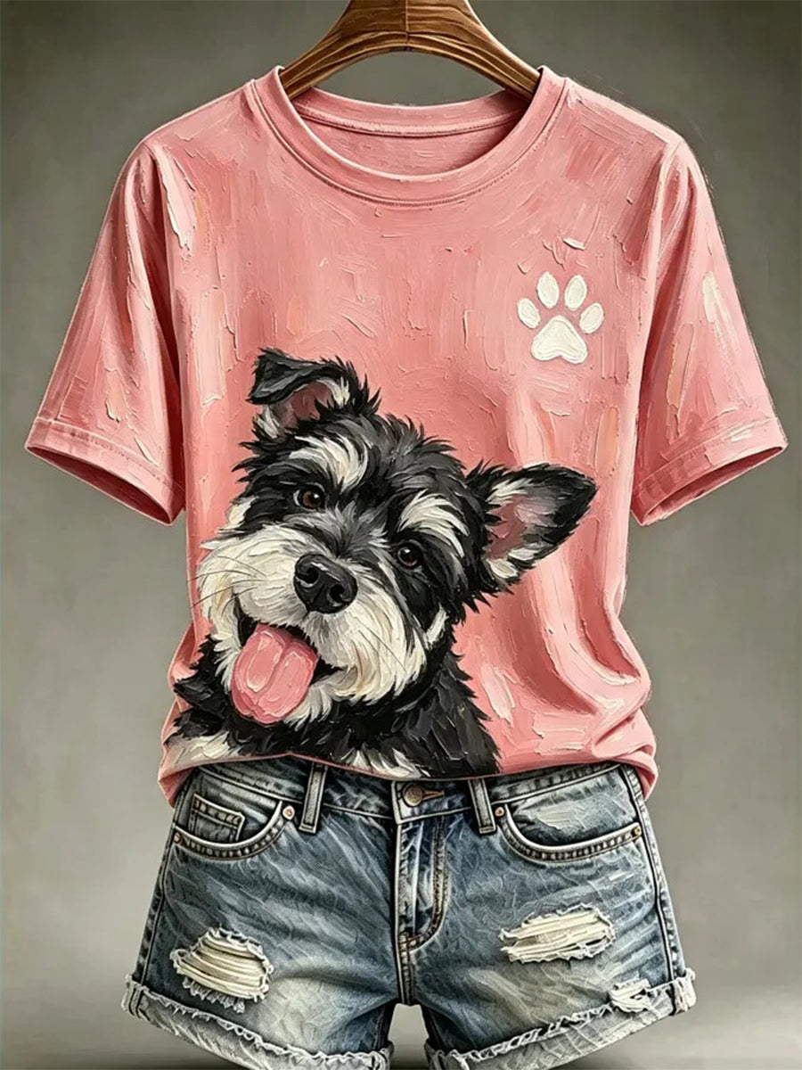 Kvinders hunde-oliebilledstil printet afslappet t-shirt