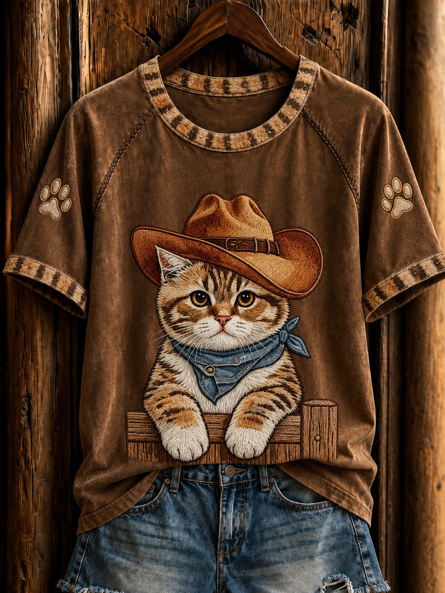 Kvinders retro western cowboy kat t-shirt med korte ærmer
