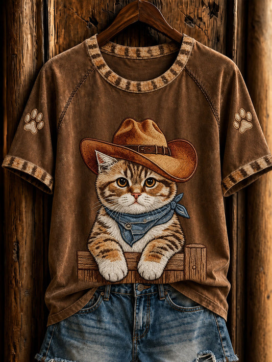 Kvinders retro western cowboy kat t-shirt med korte ærmer