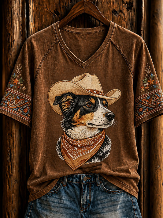 Kvinder Retro Western Cowboy Dog Short Sleeve T-shirt