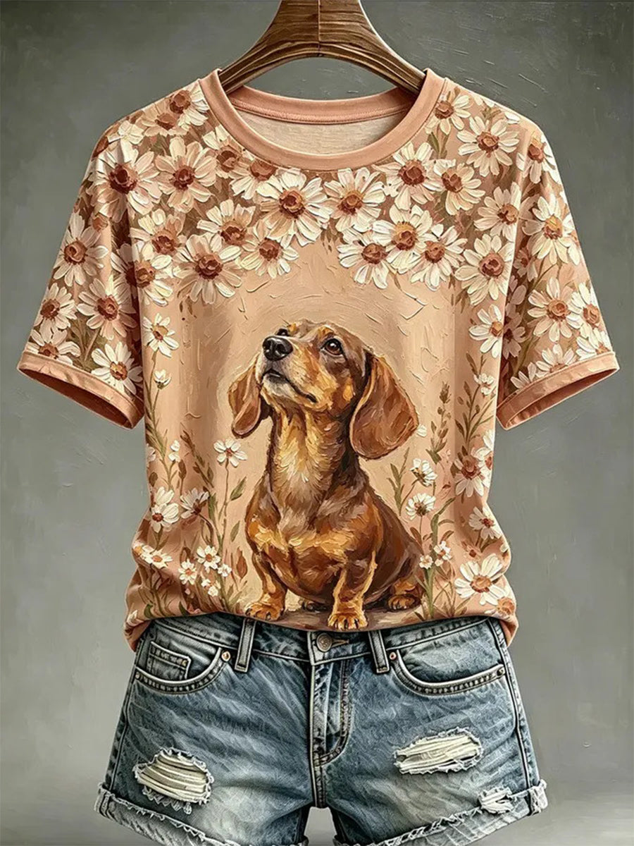 Kvinders hunde-oliebilledstil printet afslappet t-shirt