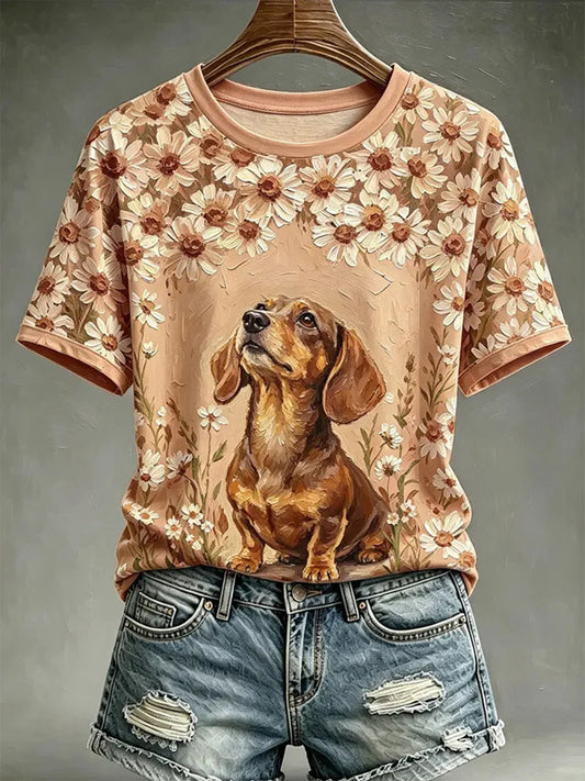 Kvinders hunde-oliebilledstil printet afslappet t-shirt