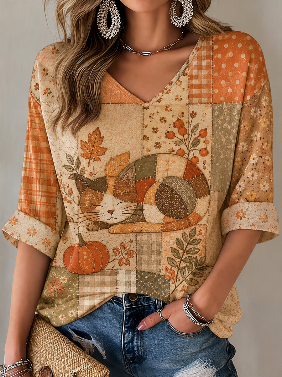 Kvinders efterårsstil, patchwork-print, casual T-shirt med V-udskæring