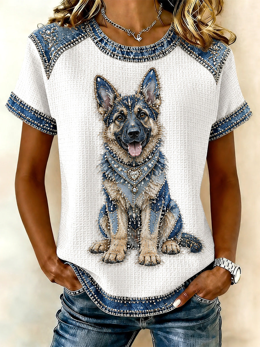 Damejeans lappeteknik hundeprint vafler afslappet t-shirt