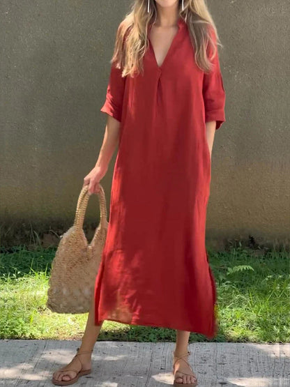 Kvinders Vintage enkle linned midi kjole