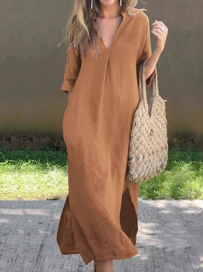 Kvinders Vintage enkle linned midi kjole