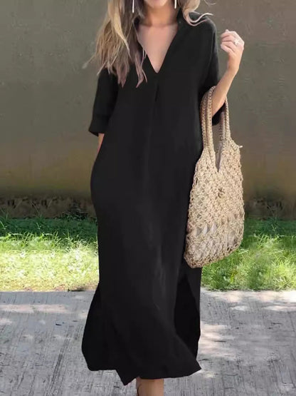 Kvinders Vintage enkle linned midi kjole