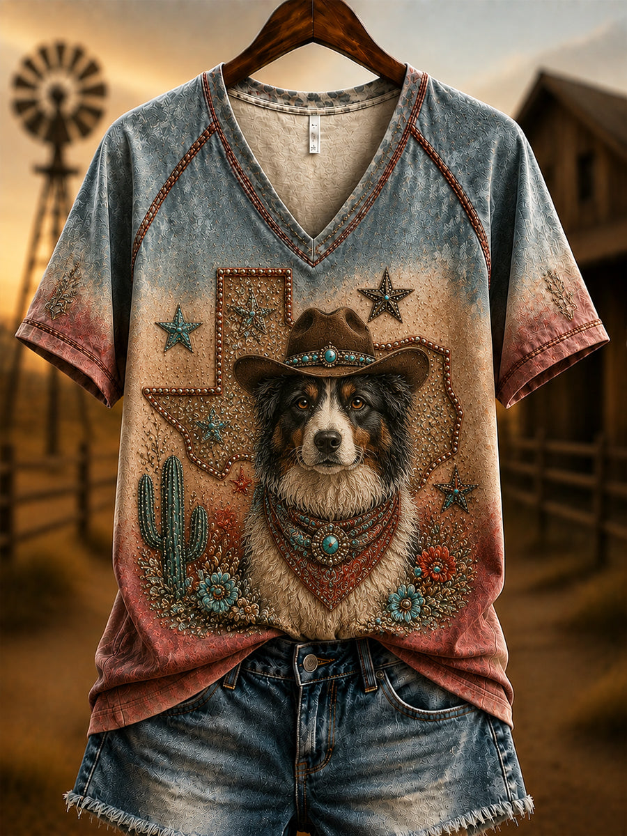 Retro Western Hund Gradient Casual T-shirt