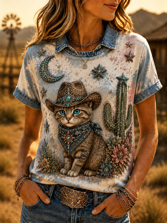 Kvinders Retro Western Cowboy kat Casual T-shirt