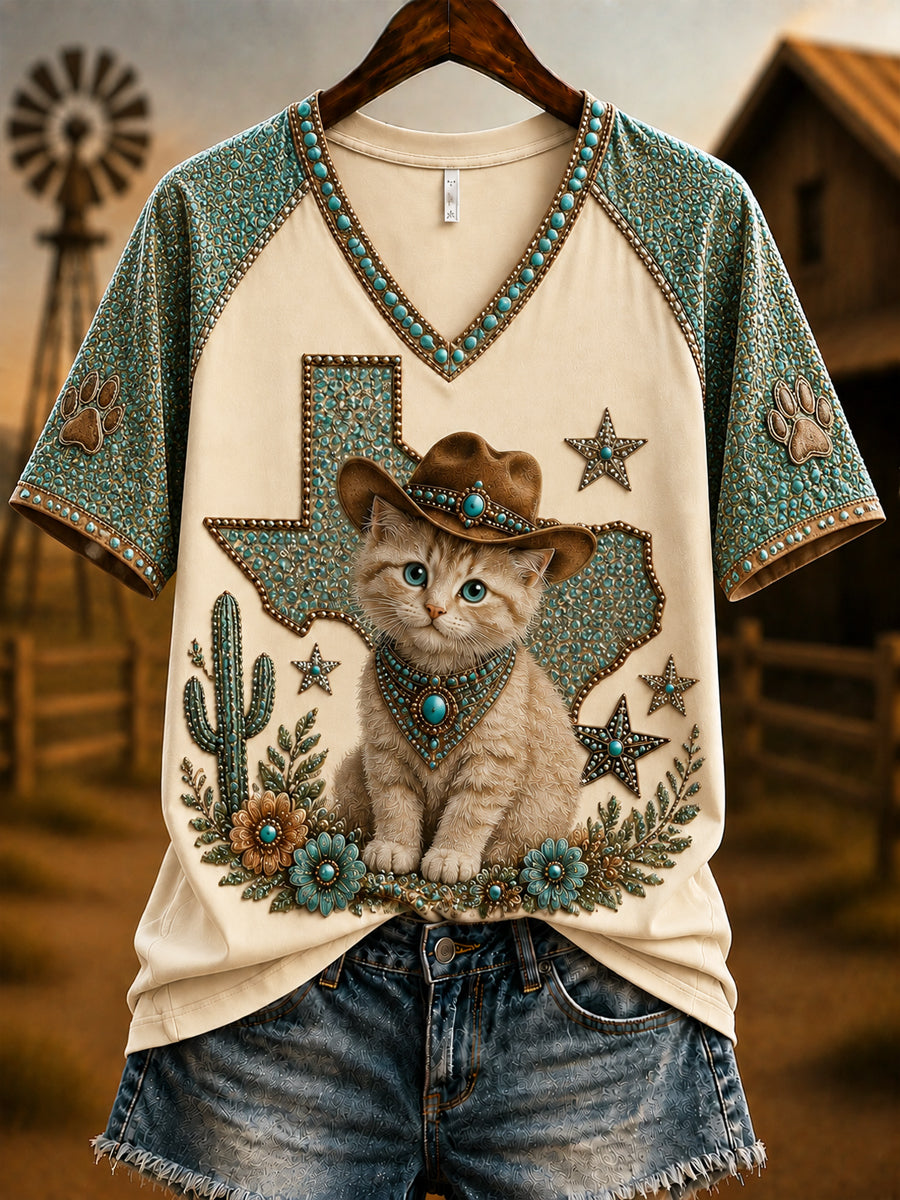 Retro Western-stil kattepatchwork Casual T-shirt