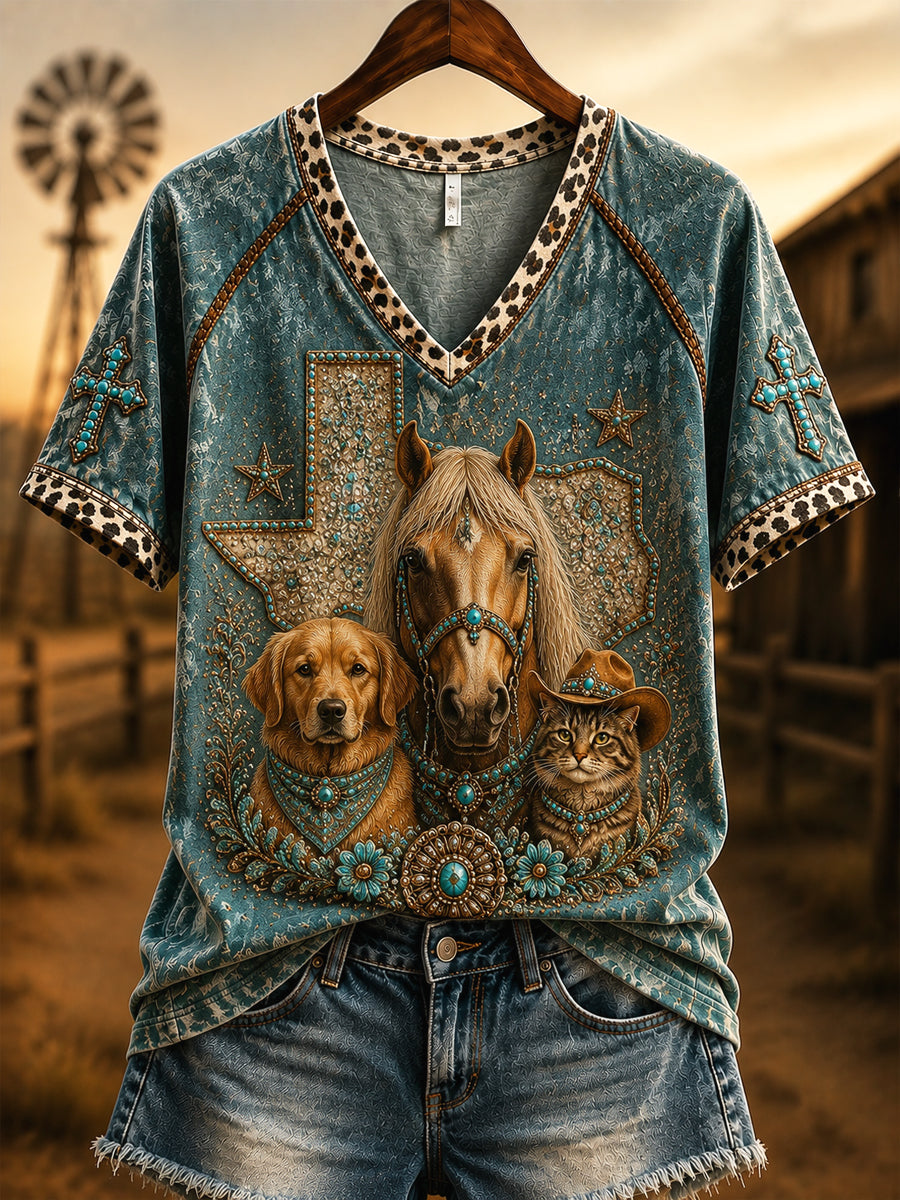 Retro Western Animal-Print Casual T-shirt