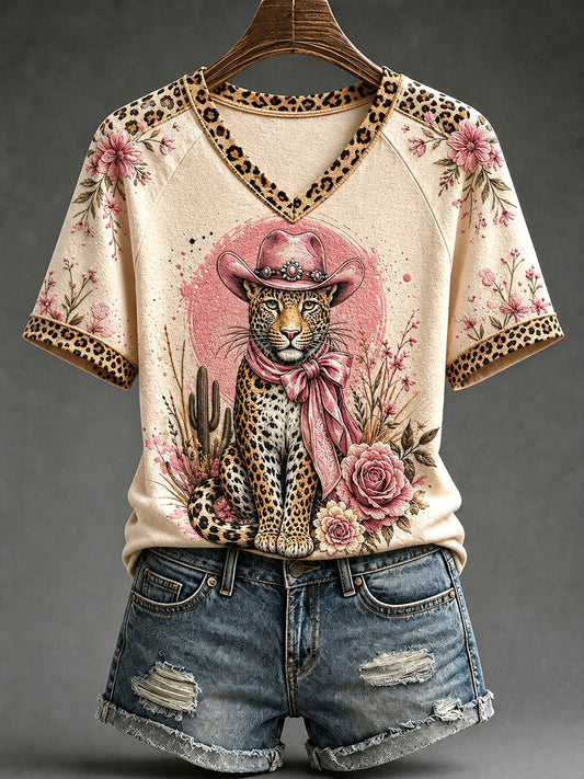 Kvinders sjove Leopard Print V-hals T-shirts