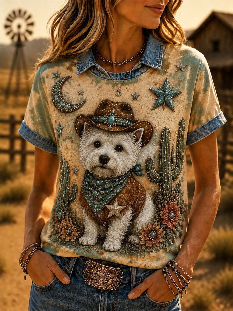 Kvinders Retro Western-stil West Highland Casual T-shirt