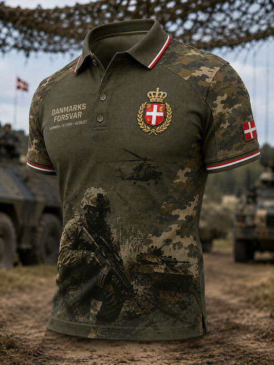 Mænds poloshirt med korte ærmer og vintagemønster i militærstil