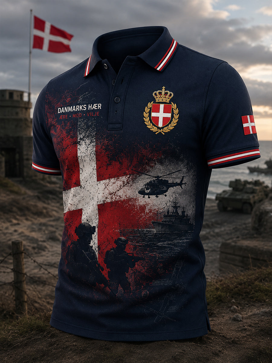 Mænds poloshirt med korte ærmer og vintagemønster i militærstil