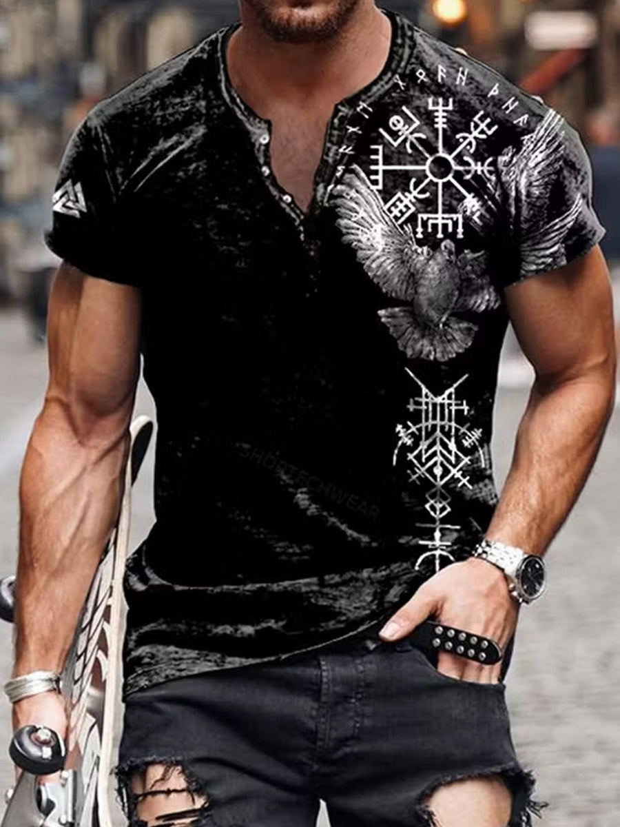 Retro vikingetids kunsttryk afslappet Henley-shirt