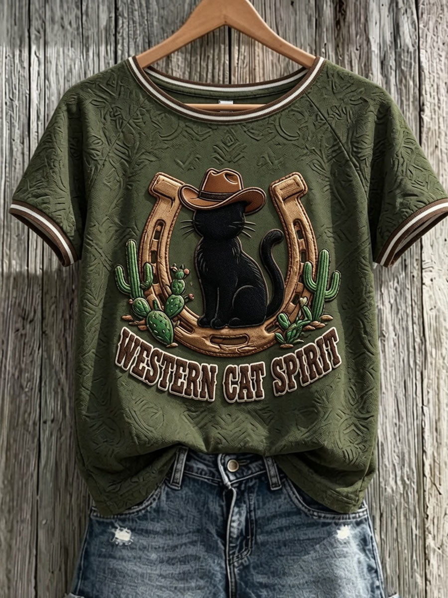 Kvindekattekunsttryk afslappet t-shirt med korte ærmer