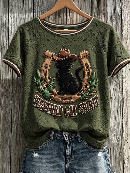 Kvindekattekunsttryk afslappet t-shirt med korte ærmer