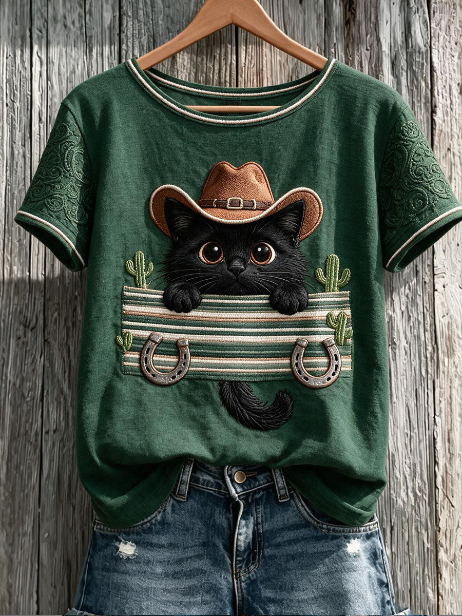 Kvindekattekunsttryk afslappet t-shirt med korte ærmer