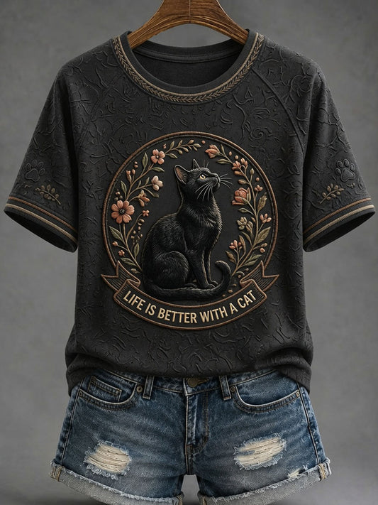 Kvindekattekunsttryk afslappet t-shirt med korte ærmer
