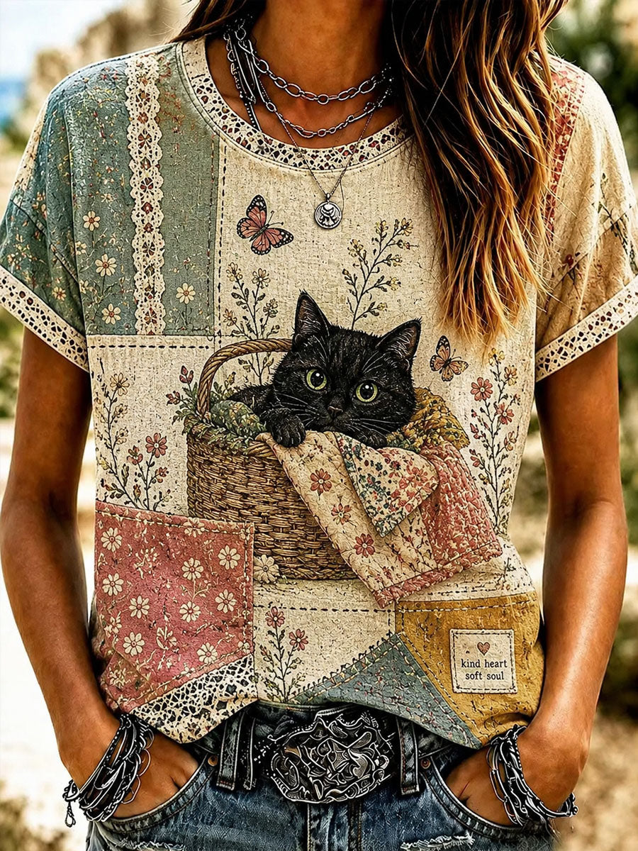 Kvindekattekunsttryk afslappet t-shirt med korte ærmer