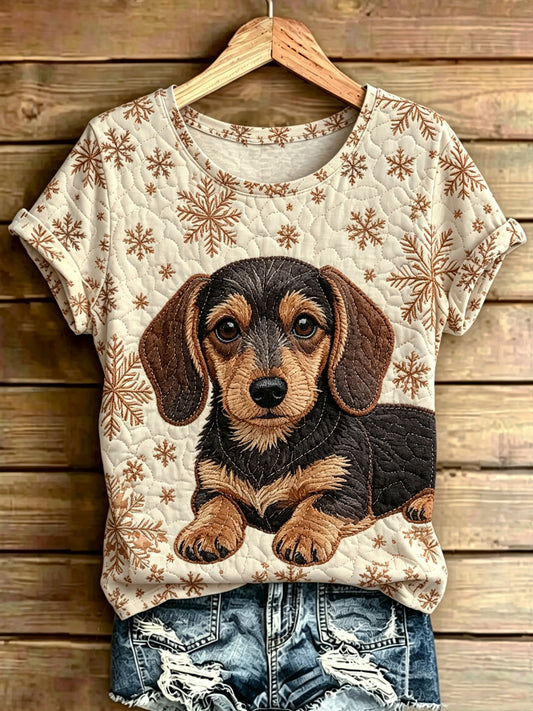 Dame T-shirt med dyremotiv, printet vintage-mode, løs pasform og korte ærmer