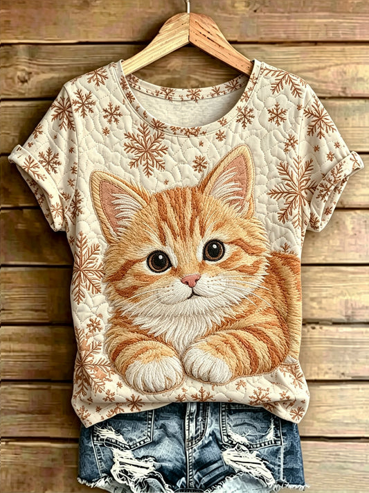 Dame T-shirt med dyremotiv, printet vintage-mode, løs pasform og korte ærmer