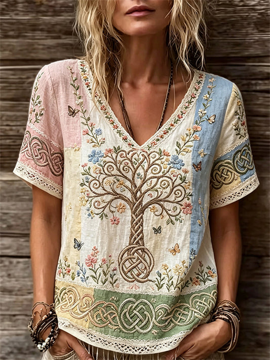 Kvinders Vintage Floral Tree of Life Celtic Knob Colorblock Print linned kortærmet T-shirt