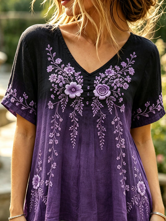 Damens klassiske blomster Print Gradient Linen Kortærmet T-shirte