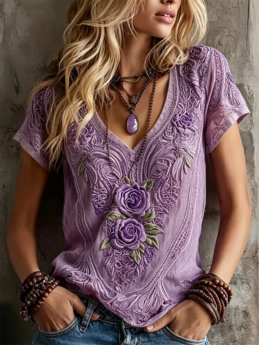 Kvinder Classy lilla roser Lace Art Print linned kortærmet T-shirt