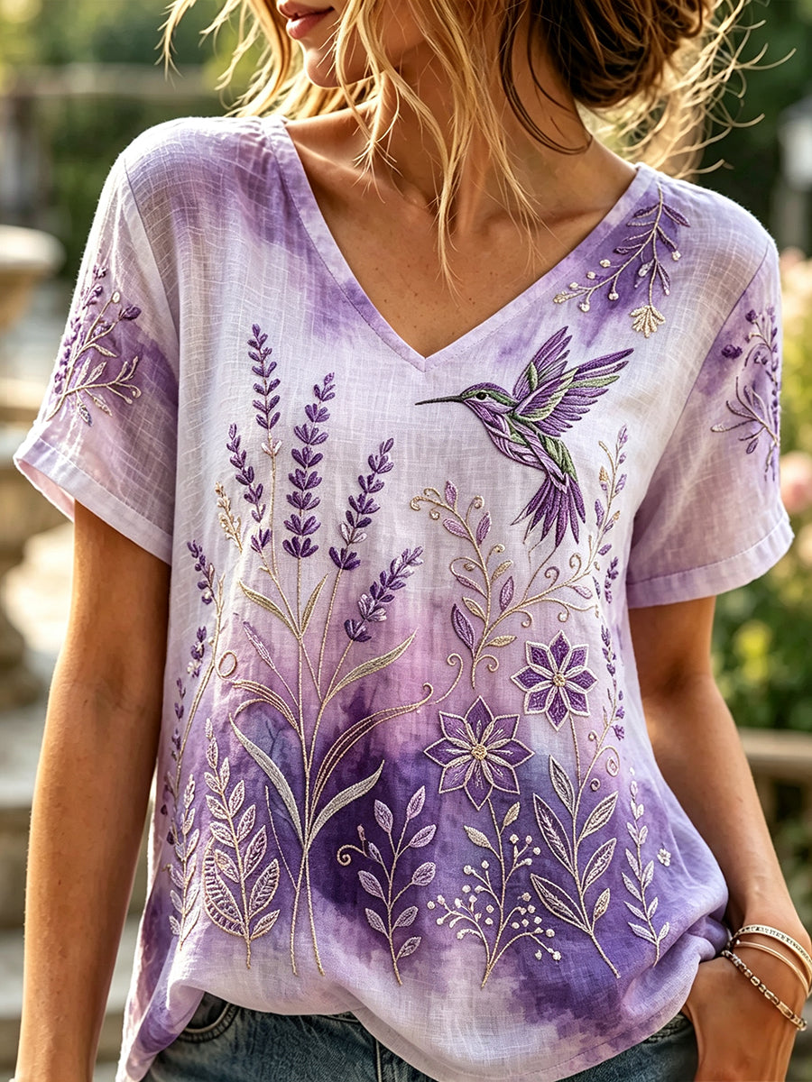 Kvinders Elegant Hummingbird Blomster Print Linen Kortærmet T-shirt